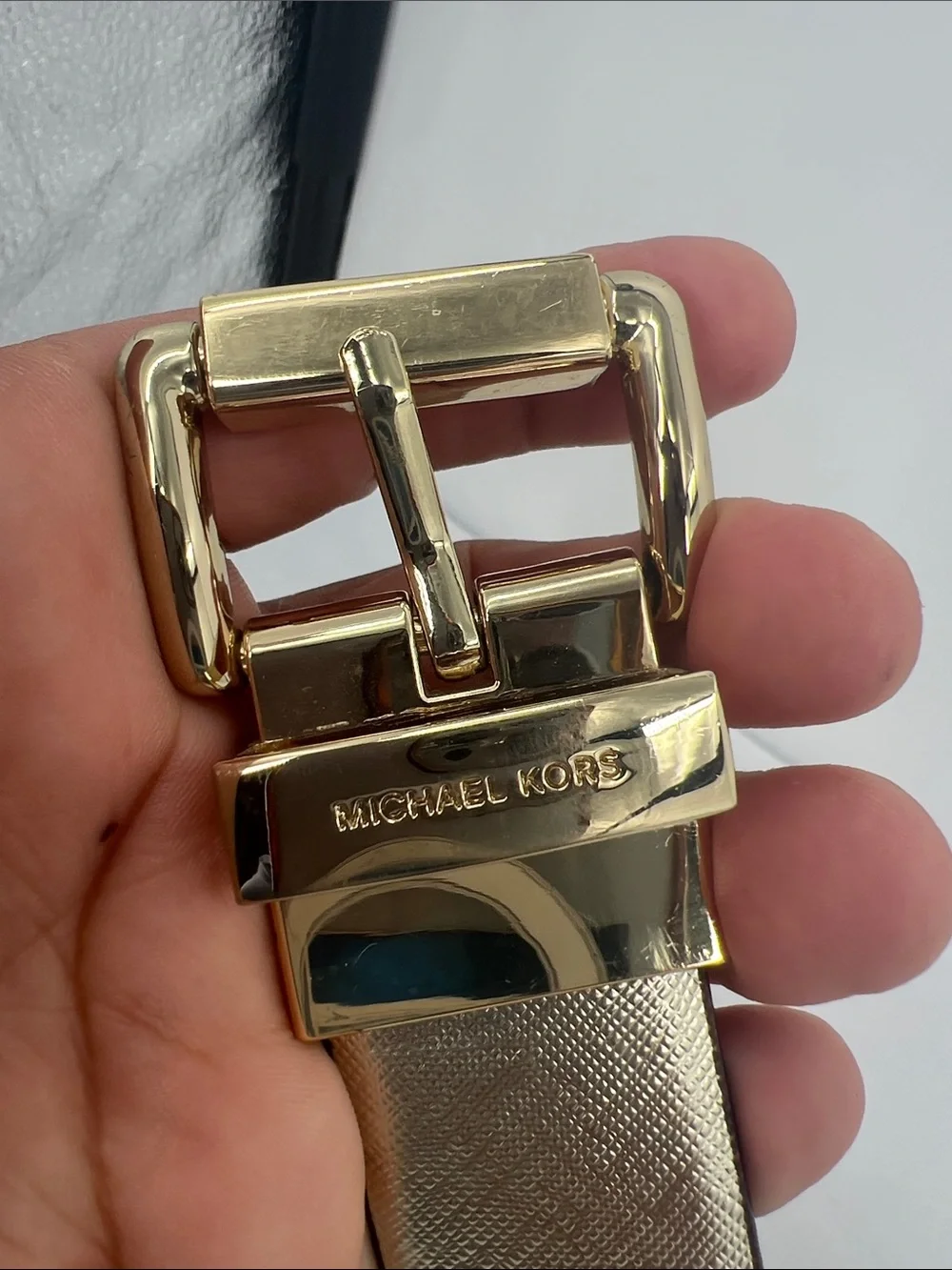 Michael Kors Cream and Brown Reversible Leather Belt with Gold Buckle